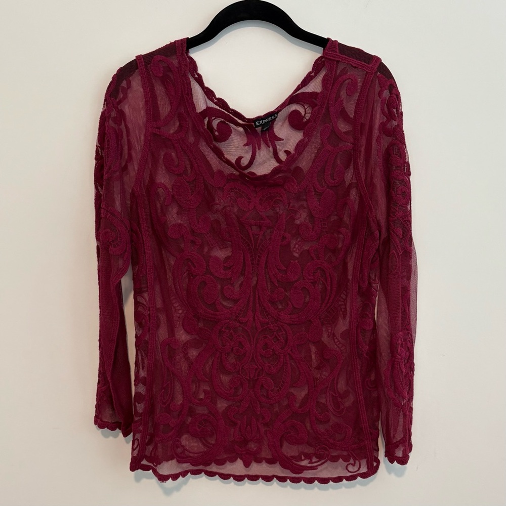 Maroon Express Mesh Embroidered Long Sleeve Top